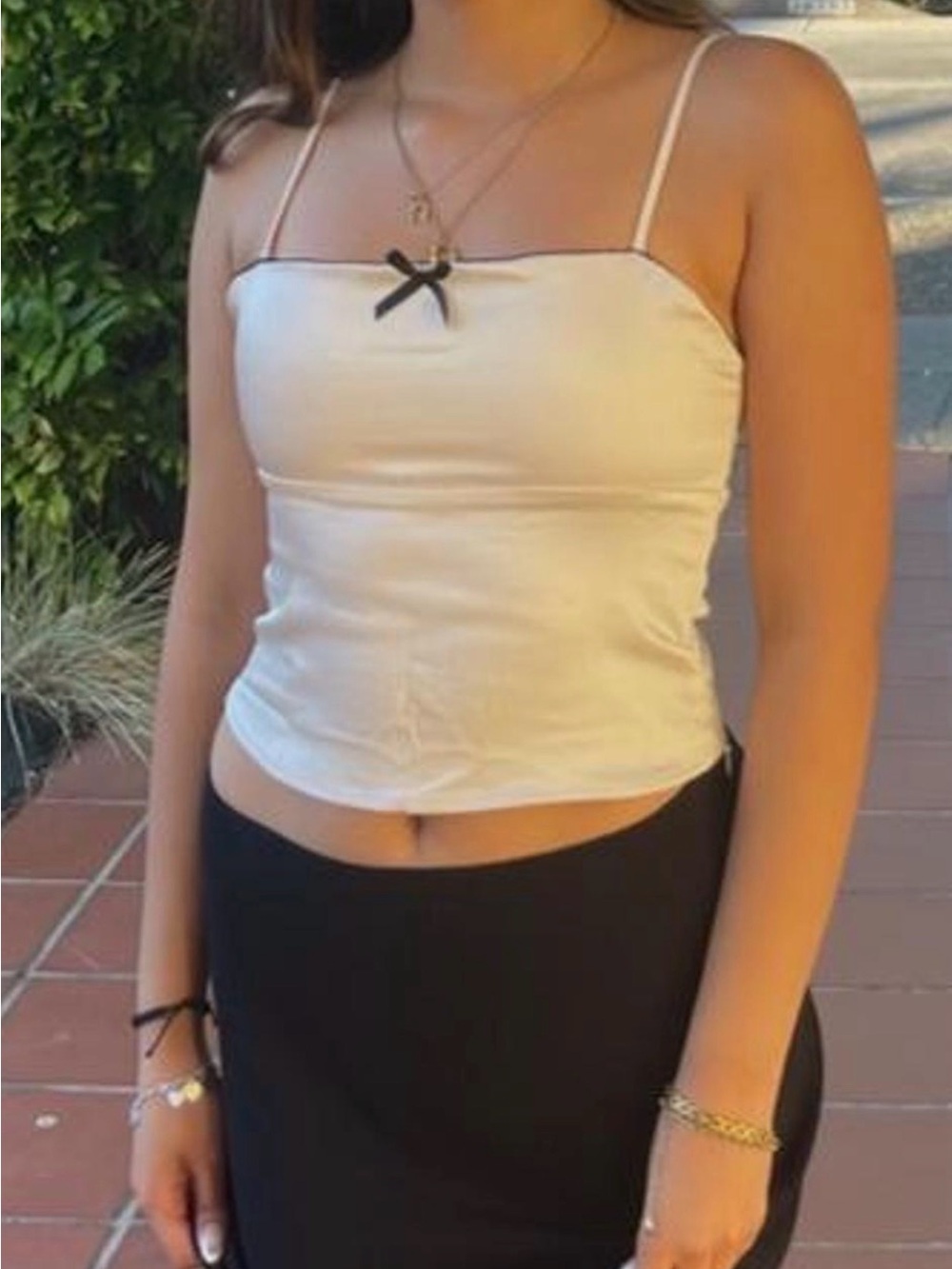 Princess Polly Cream Spaghetti-Strap Crop Top with Black Bow